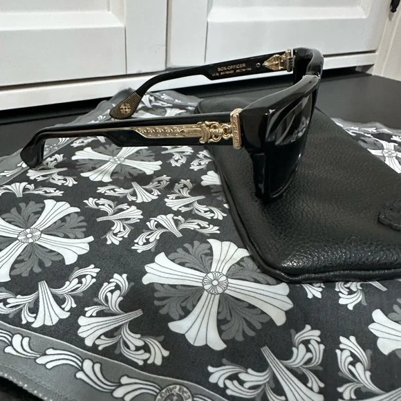 Chrome Hearts “Box-Officer”Sunglasses, Gloss Black with 18k Gold Plated Design